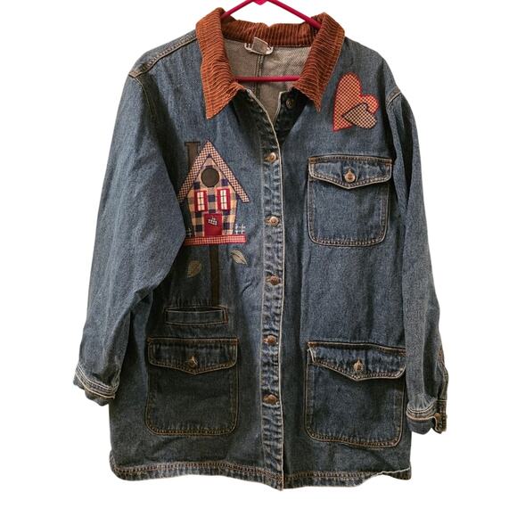 Vtg 90s Corduroy Denim Bird House Heart Embroidered Shacket Chore Coat L - Picture 1 of 9